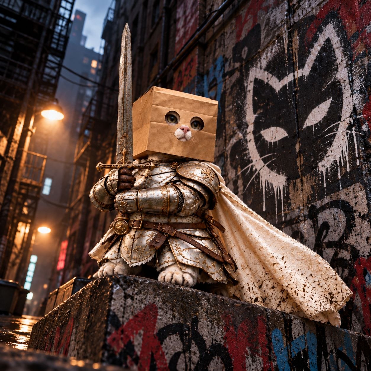 ZSWORDCAT in a graffiti-covered alley beside a stencilled cat face