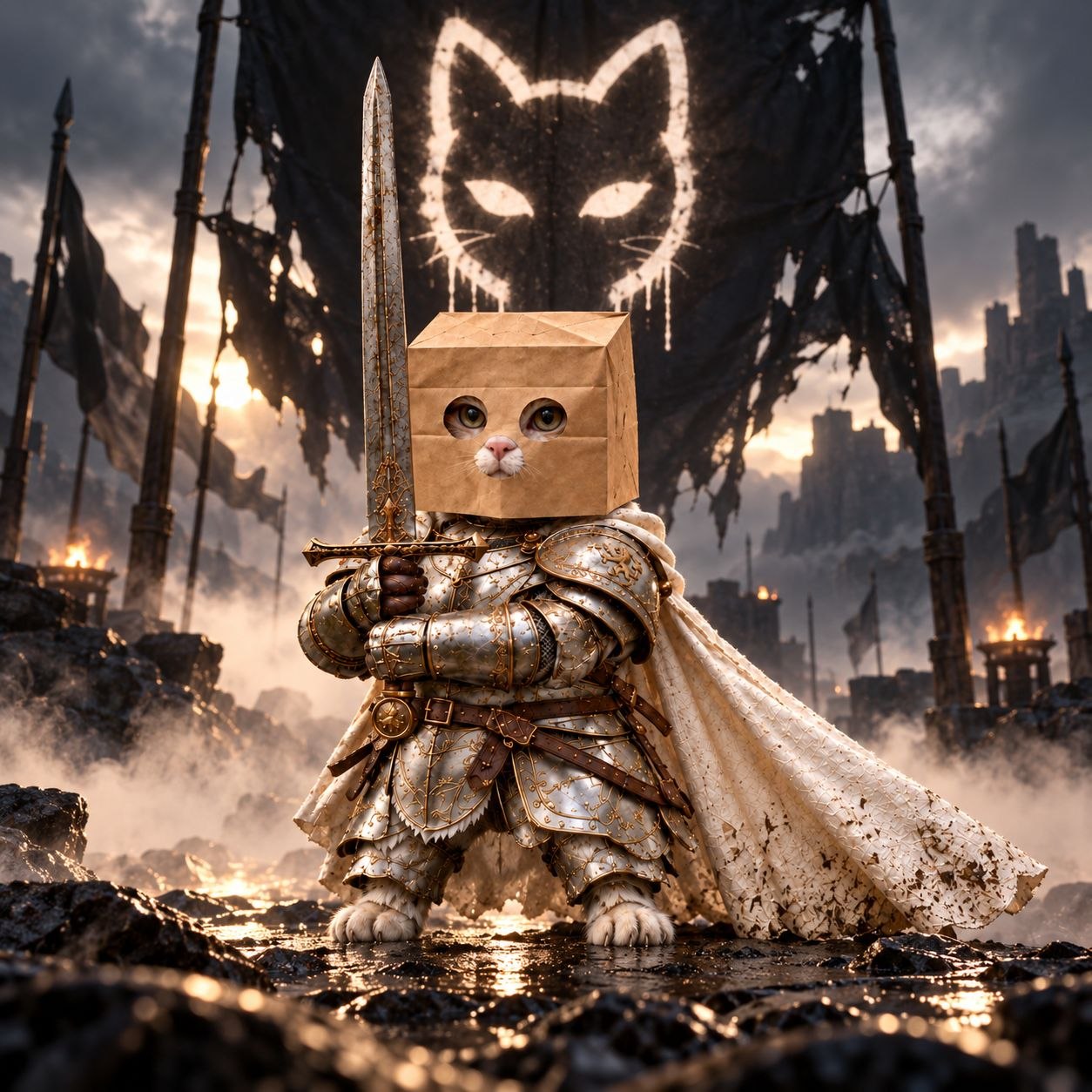 ZSWORDCAT on a smoking battlefield under a torn banner with a glowing cat sigil
