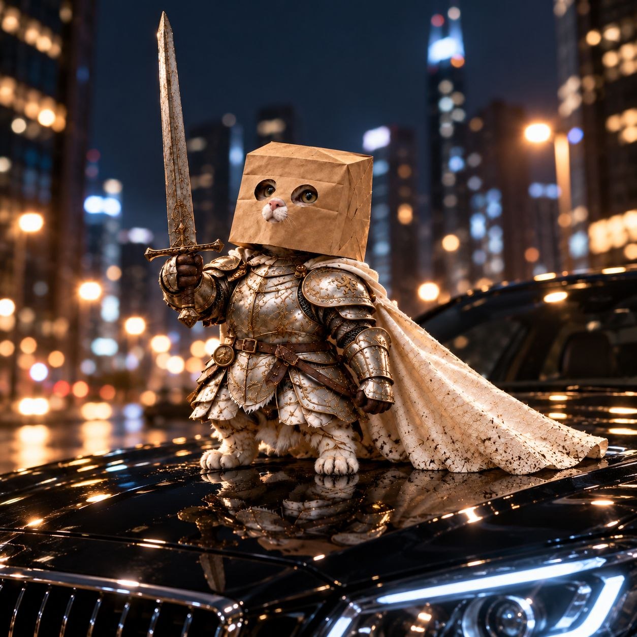 ZSWORDCAT standing on the hood of a black car in a neon-lit city at night