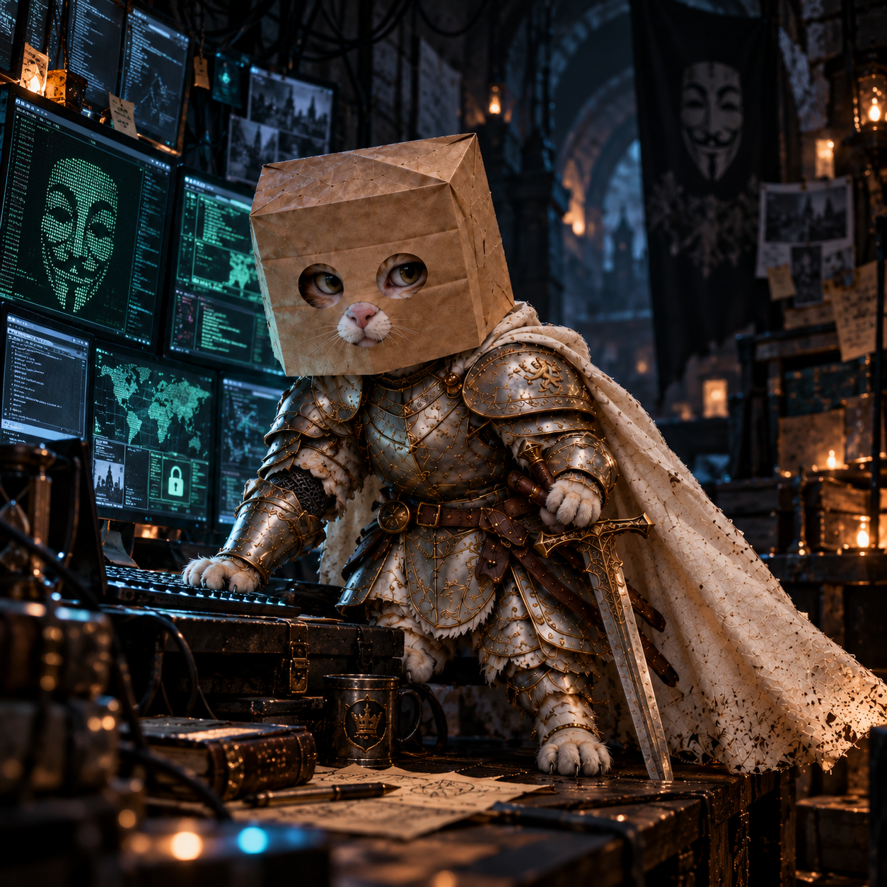 ZSWORDCAT at a desk of glowing monitors in a candle-lit stone hall
